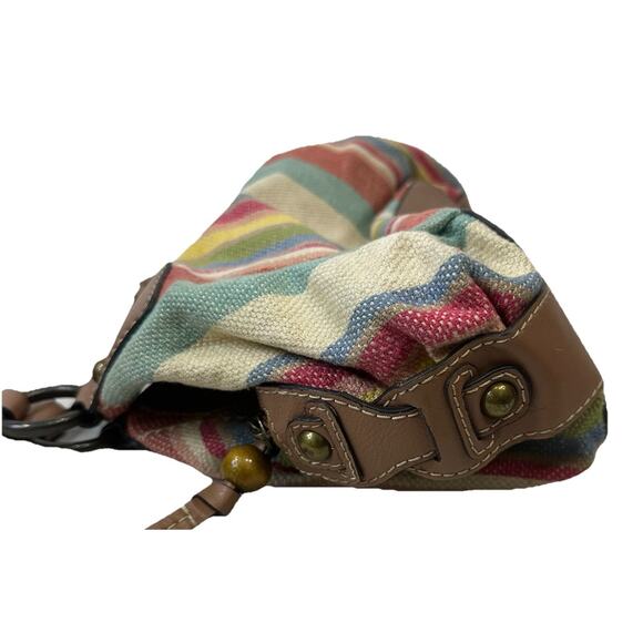 Fossil Beachy Striped Faux Leather Canvas Bag Zipper Dual Handle Pockets Boho - Picture 8 of 16